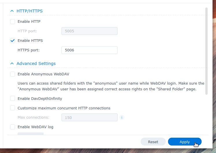 Configure the Synology WebDAV server package