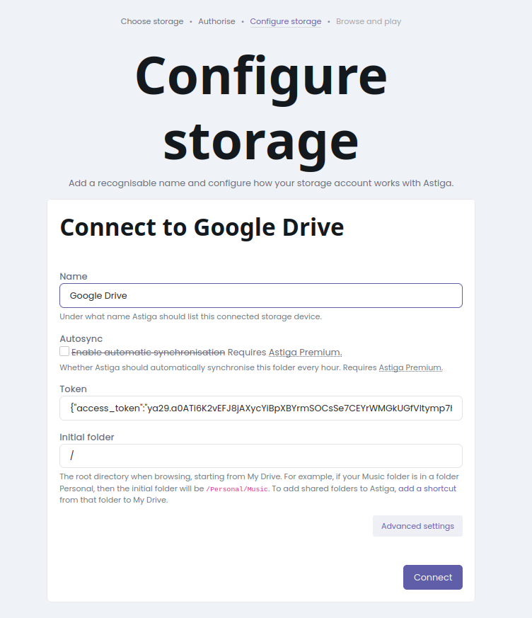 Configure Storage page